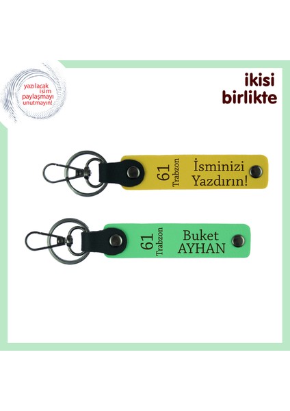 Şehir Sevgisini Taşıyan Kişisel Deri Anahtarlık 2'li Set, 61 Trabzon Yazılı, Sarı-Fıstık Yeşil