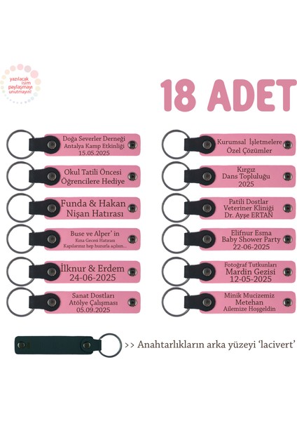 Pembe & Lacivert, Ayrı Ayrı Isim Yazılabilir 18'li Set, Kişisel Mesajlı Hediye Deri Anahtarlık