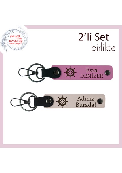 Baba ve Oğula Özel Hatıra, Gemi Motifli Deri Anahtarlık Takımı, Kişiselleştirilebilir, Pembe-Pudra