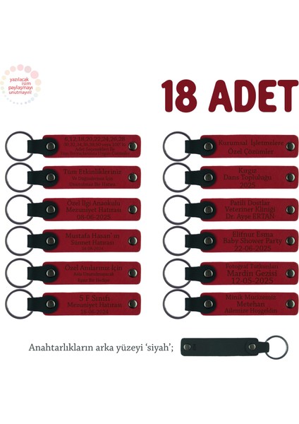 Okul Kulüp Faaliyet Katılımcılarına, 18'li Set, Öğrenci Isim Yazılı Anı Anahtarlık , Kırmızı & Siyah