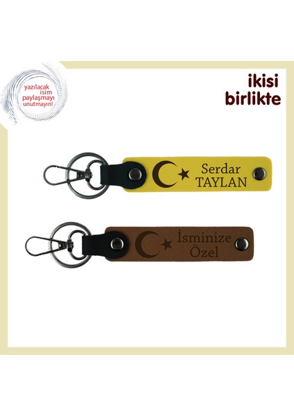 Yıldönümünde Aşkı Yaşat – Ay Yıldız Desenli Kişisel Deri Anahtarlık Hediyelik Set, Sarı-Kahve
