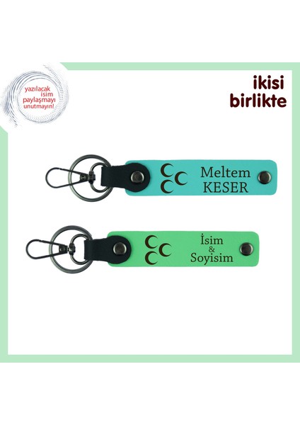 Milli Ruhla Hazırlanmış Üç Hilal Temalı, Sevgili Ismine Anahtarlık Seti, Turkuaz-Yeşil