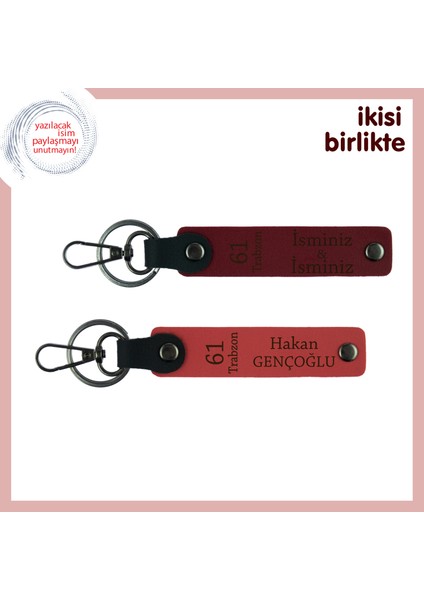 61 Trabzon Yazılı Deri Anahtarlık X2'li Set, Isminize Özel Üretim, Hediyelik, Bordo-Nar Çiçeği