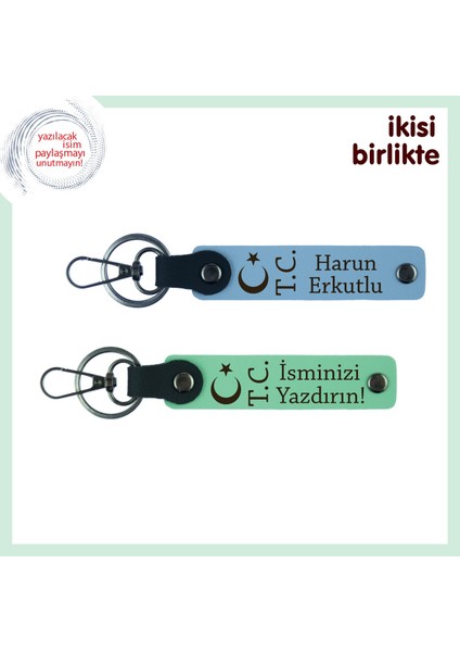 Sevgiliye Ay Yıldız Tc Aşk Hatırası – Kişisel Isimli 2’li Deri Anahtarlık Seti Hediyelik, Mavi-Yeşil