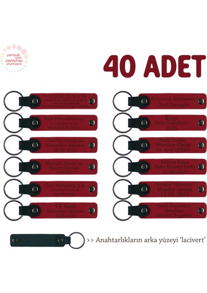 Araştırma Ekibine Katılım Hatırası, 40'lı Set, Kişiye Özel Yazılı Deri Anahtarlık, Kırmızı & Laci