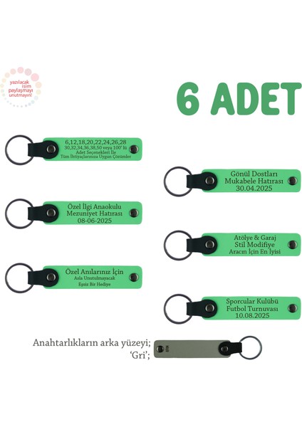 Öğretmene Veda Partisi Hatırası, 6'lı Set, Öğrenci Isimli Kişisel Deri Anahtarlık, F Yeşil & Gri