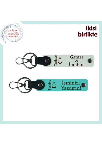 Milli Ruhlu Hediye – Ayyıldız ve Türkiye ve Kişiye Özel Anahtarlık Takımı 2li, Beyaz-Turkuaz