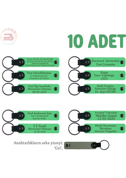 Öğretmenler Günü Için, 10'lu Set, Kişiye Özel Yazılı Deri Anahtarlık Hediyesi, Fıstık Yeşil & Gri