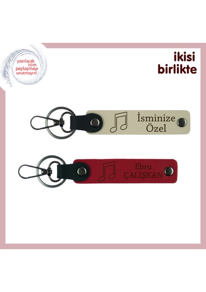 Birlikte Dinlenen Ezgilere Özel Armağan, Kişiye Özel Deri Anahtarlık Seti, Sütlü Kahve-Kırmızı