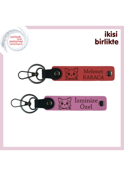 Kedi Sevgisini Kalıcılaştıran Hediye, Kişisel Deri Anahtarlık 2’li Set, Nar Çiçeği-Pembe