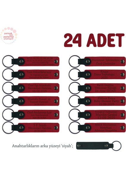 Zeka Oyunları Kursu Bitiminde, 24'lü Set, Isim Yazılabilir Deri Anahtarlık, Kırmızı & Siyah