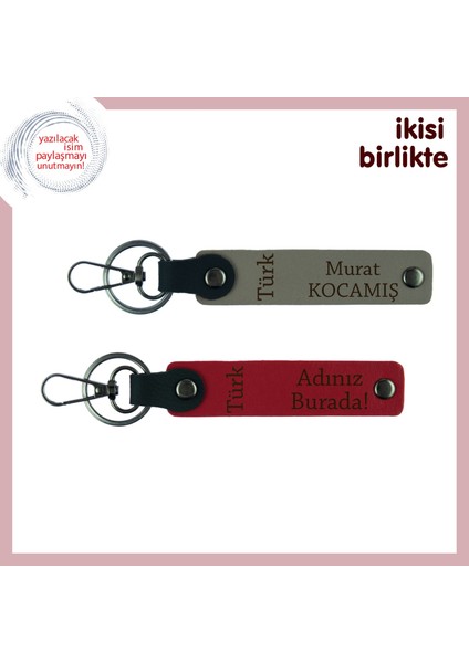 Kardeşe Askerlik Anısı, Türk Yazısı Desenli Isimli Deri Anahtarlık Takımı, Kül Gri-Kırmızı