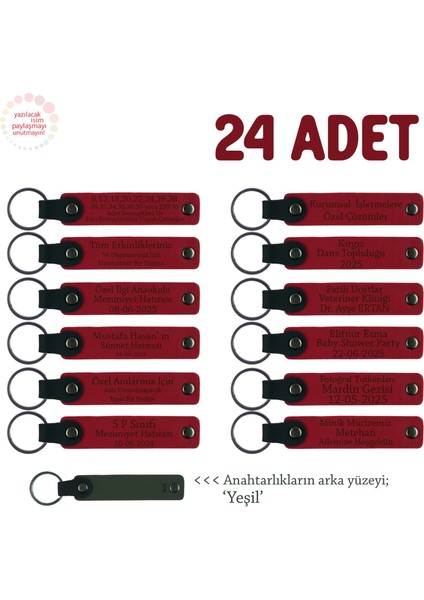 Modifiye Atölyeleri Için, 24'lü Set, Isim ve Marka Yazılı Deri Hatıra Anahtarlık, Kırmızı & Yeşil
