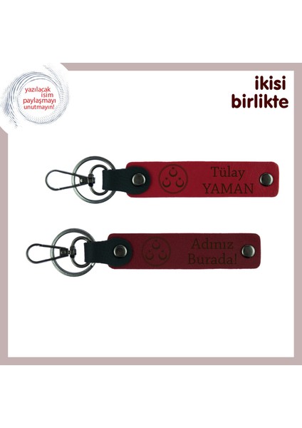 Isim ve Soyisim Eklenebilir Üç Ayyıldız Desenli Özel Tasarım Anahtarlık Hediye Set, Kırmızı-Bordo
