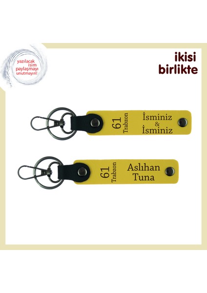 Trabzon Temalı 61 Yazılı Deri Anahtarlık 2'li Set, Isminiz Yazılı Özel Set, Sarı-Sarı