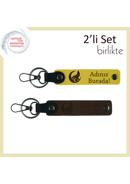 Vatan Temalı Aşk Hediyesi Bozkurt ve Ayyıldız, Isim Yazılı Deri Anahtarlık X2' Li Set, Sarı-Kahve