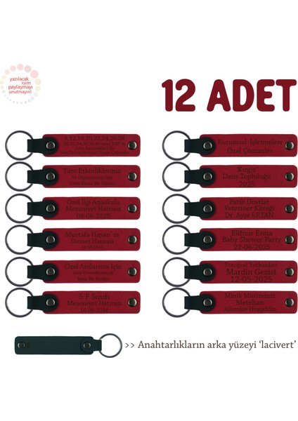 Tüm Aile Bireylerine Özel Hediye, 12'li Set, Kişiye Özgü Isim Yazılı Anahtarlık, Kırmızı & Lacivert