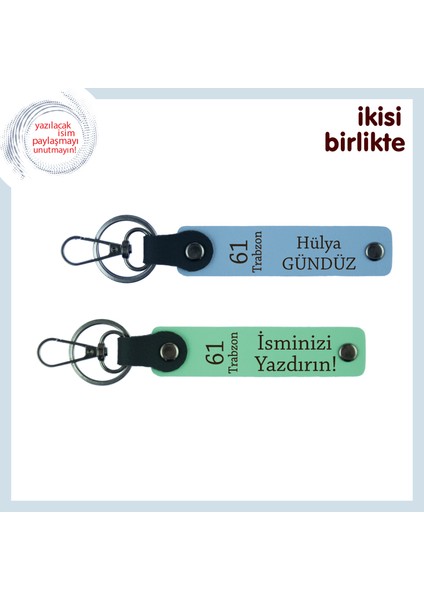 Hemşehrine Özel 61 Trabzon Temalı Deri Anahtarlık X2' Li Set, Adınızı Yazdırın, Gök Mavi-Açık Yeşil