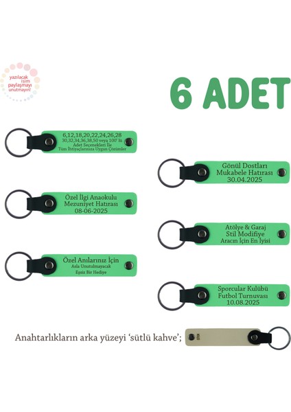 Ebru Sanatı Eğitimini Tamamlayanlara Özel, Isim Yazılı 6'lı Set Anahtarlık, Fıstık Yeşil & S Kahve