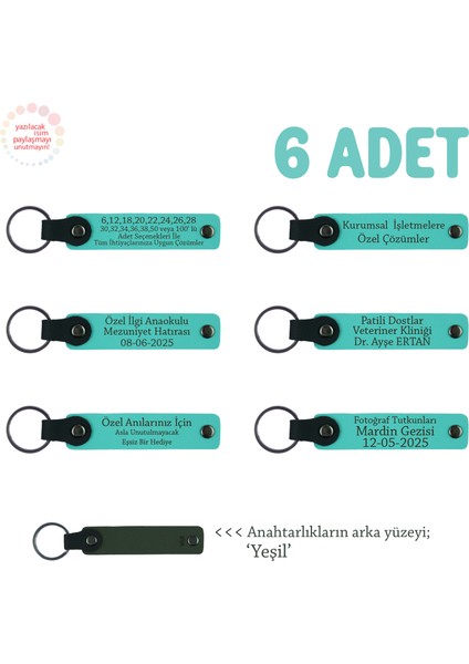 Yeni Ofis Hatırası Olarak 6'lı Set, Marka ve Isim Yazılabilir Deri Anahtarlık, Turkuaz & Yeşil