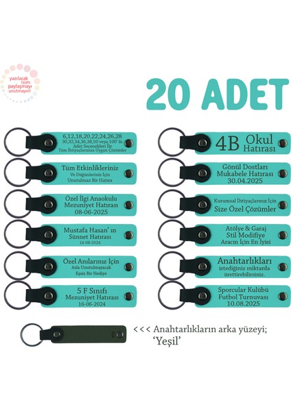 Özel Kutlamalarınız Için Anı, 20'li Set, Kişiye Özel Isim Yazılı Deri Anahtarlık, Turkuaz & Yeşil