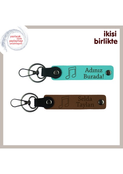Kalbinde Müzik Taşıyanlara Kişisel Isim Yazılabilen Hatıra, Deri Anahtarlık Seti, Turkuaz-Açık Kahve