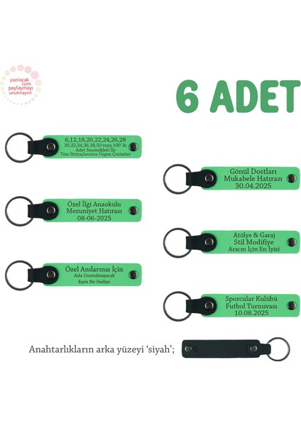 Sınıf Arkadaşlarına Mezuniyet Hatırası, 6'lı Set, Kişiye Özel Isimli Deri Anahtarlık, F Yeşil & Syh