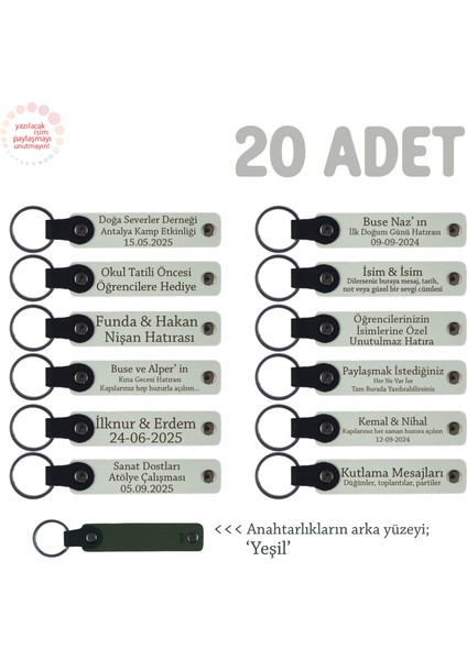 Tiyatro Ekibine Veda Hediyesi Olarak, 20'li Set Isim Yazılı Unutulmaz Deri Anahtarlık, Beyaz & Yeşil