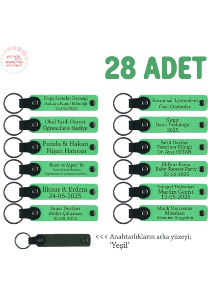 Hayır Organizasyonlarına Uygun, 28'li Set, Kişiselleştirilebilir Yazılı Anahtarlık, F Yeşil & Yeşil