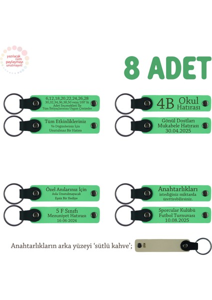 Yüzme Kursu Mezuniyet Hediyesi, Üzerine Isim Yazılabilen 8'li Set Anahtarlık, Fıstık Yeşil & S Kahve