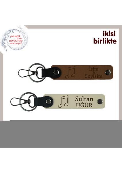 Müziğe Gönül Verenlere Kalıcı Anı, Isim Yazılabilir Deri Anahtarlık Seti, Açık Kahve-Sütlü Kahve
