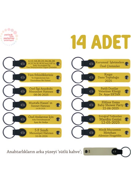 Sarı & S Kahve, Düğün Organizasyonu Için Hediye, 14’lü Set, Kişisel Mesajlı Deri Hatıra Anahtarlık