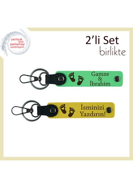 Yeni Anne ve Babaya Duygusal Sürpriz, Kalpli Ayak Figürlü Isimli Anahtarlık Takım, Fıstık Yeşil-Sarı