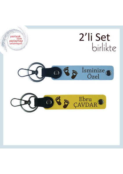 Bebeğinizin Ilk Hatırası Olacak Isimli Kalpli Ayak Figürlü Deri Anahtarlık Takımı, Gök Mavi-Sarı