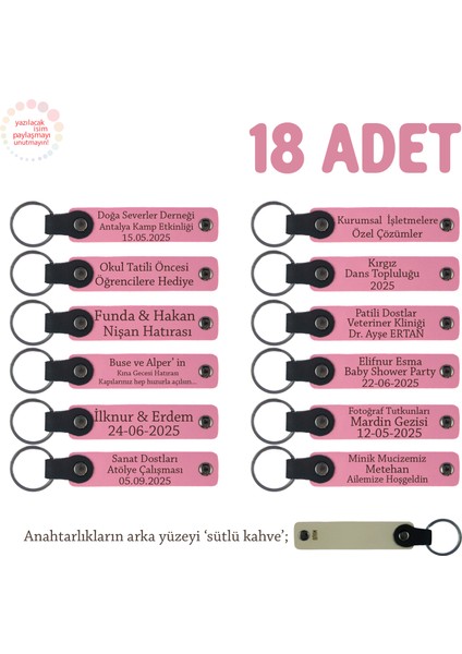 Pembe & S Kahve, Babyshower Için Kişiye Özel Tasarım, 18'li Set Anne ve Bebek Isimli Deri Anahtarlık