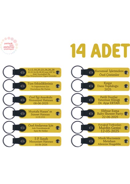Sarı, Torunlardan Dede ve Nineye Anlamlı Armağan, 14’lü Set, Isim Yazılabilir Deri Anahtarlık