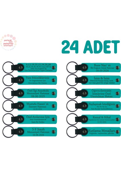 Belediye Etkinliği Katılımcılarına Anı, 24'lü Set, Kişiselleştirilebilir Deri Anahtarlık, K Turkuaz