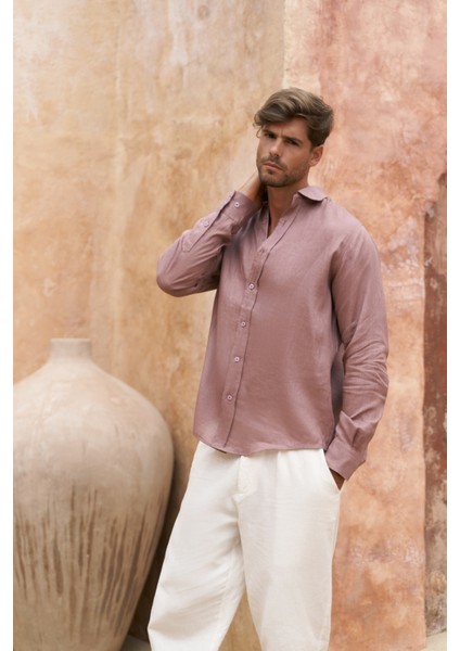 Agnola Oversize Erkek Açık Bordo Keten Gömlek