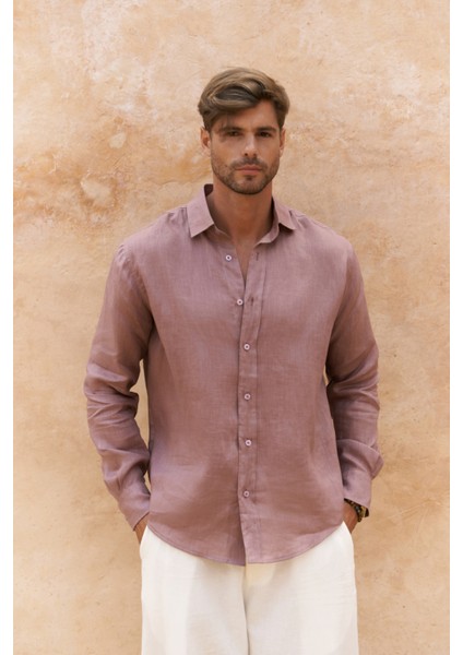Agnola Oversize Erkek Açık Bordo Keten Gömlek modelleri