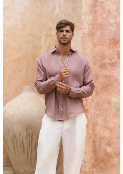 Agnola Oversize Erkek Açık Bordo Keten Gömlek indirimleri