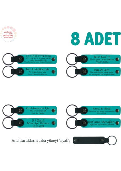 Yeni Doğan Bebek Hediyesi, 8'li Set, Isme Yazılan Deri Hediyelik Anahtarlık, Koyu Turkuaz & Siyah