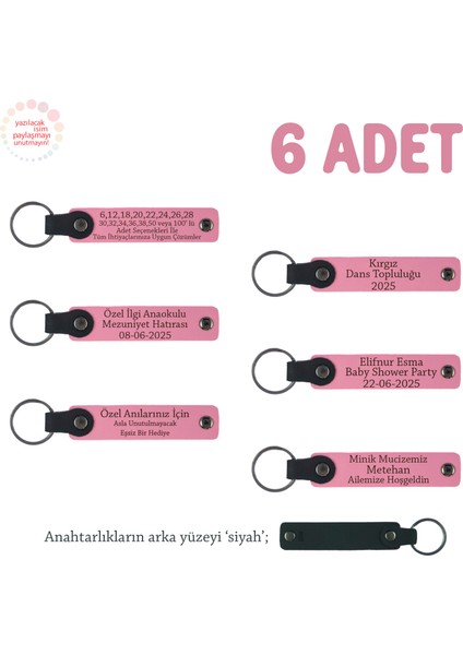 Pembe & Siyah, Sınıf Arkadaşlarına Mezuniyet Hatırası, 6'lı Set, Kişiye Özel Isimli Deri Anahtarlık
