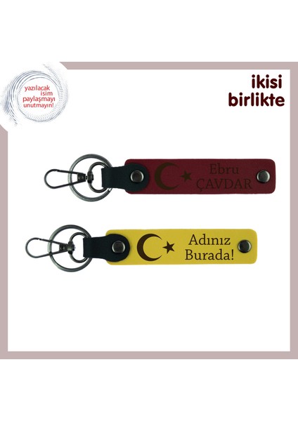 Eşe Verilebilecek Anlamlı Hatıra – Ay Yıldız ve Isimli 2’li Deri Anahtarlık, Bordo-Sarı