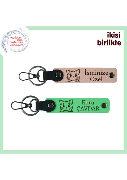 Kedisever Sevgiliye Kalıcı Hatıra, Kedi Temalı Deri Anahtarlık Seti, Yavru Ağzı-Fıstık Yeşil