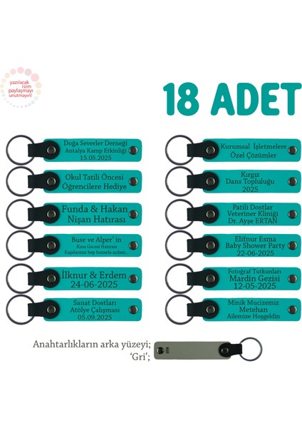 Anaokulu Için Isim Yazılı Karne Hatırası Anahtarlık 18’li Set, Öğrencilere Özel, Koyu Turkuaz & Gri