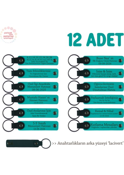 Tüm Aile Bireylerine Özel Hediye, 12'li Set, Kişiye Özgü Isim Yazılı Anahtarlık, Koyu Turkuaz & Laci