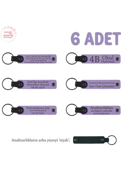Arkadaşlar Arasında Özel Hediye, 6'lı Set, Isim Yazılı Deri Hatıra Anahtarlık, Mor Menekşe & Siyah