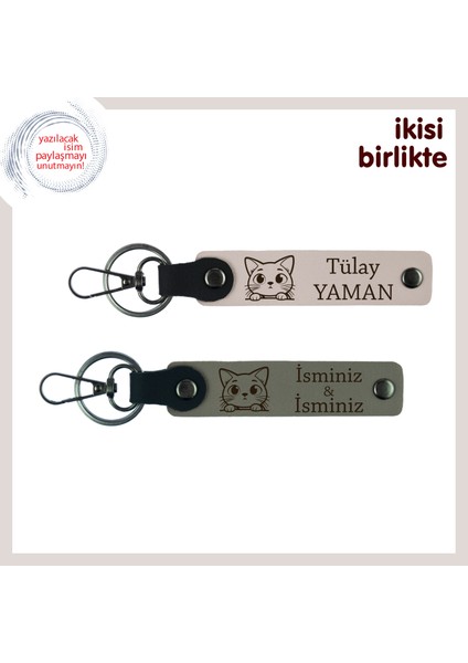 Kedili Ev Arkadaşlığına Sevimli Anı, Patili Deri Anahtarlık Takımı, Isim Yazılabilir, Pudra-Kül Gri