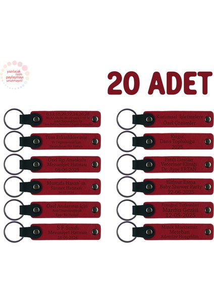 Edebiyat Atölyesi Katılımcılarına, 20'li Set, Kişiye Özel Yazılı Deri Anahtarlık, Kırmızı