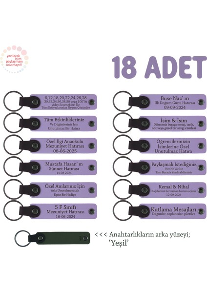 Öğrencilerin Birlikte Paylaşabileceği, 18'li Anahtarlık Set, Isme Özel Hatıra, Mor Menekşe & Yeşil